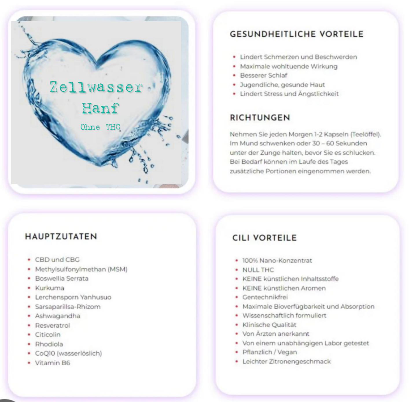 Zellwasser 70% CBD / CBG auf Wasserbasis-kein THC 
90 Inhaltsstoffe - Vitamine, Mineralien, Elektrolyte, Adaptogene
99% Bioverfügbarkeit (Nano-Vernebler inklusive 20ml Zellwasser)